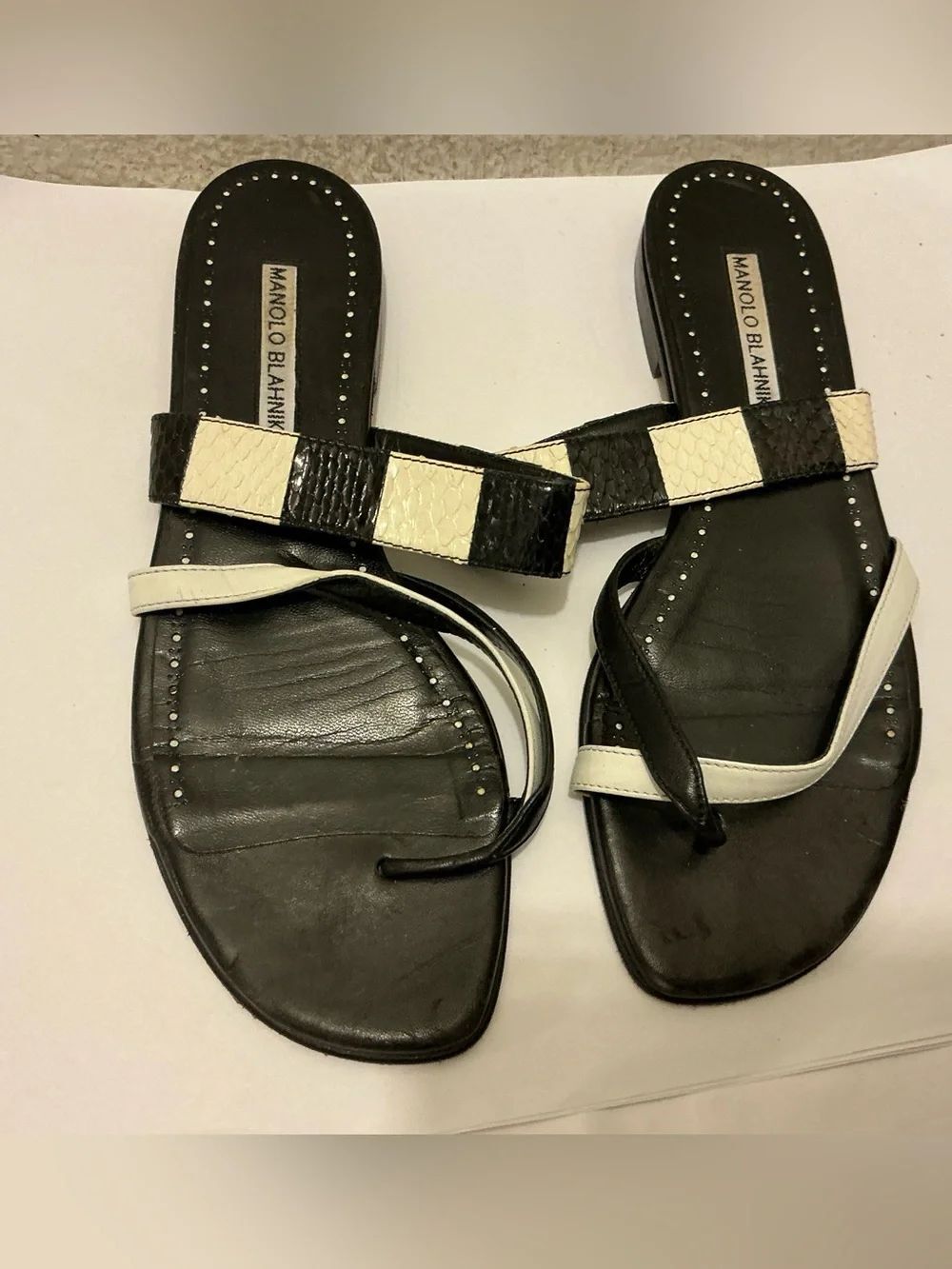 Manolo Blahnik Black and White Striped Leather Slide Sandals